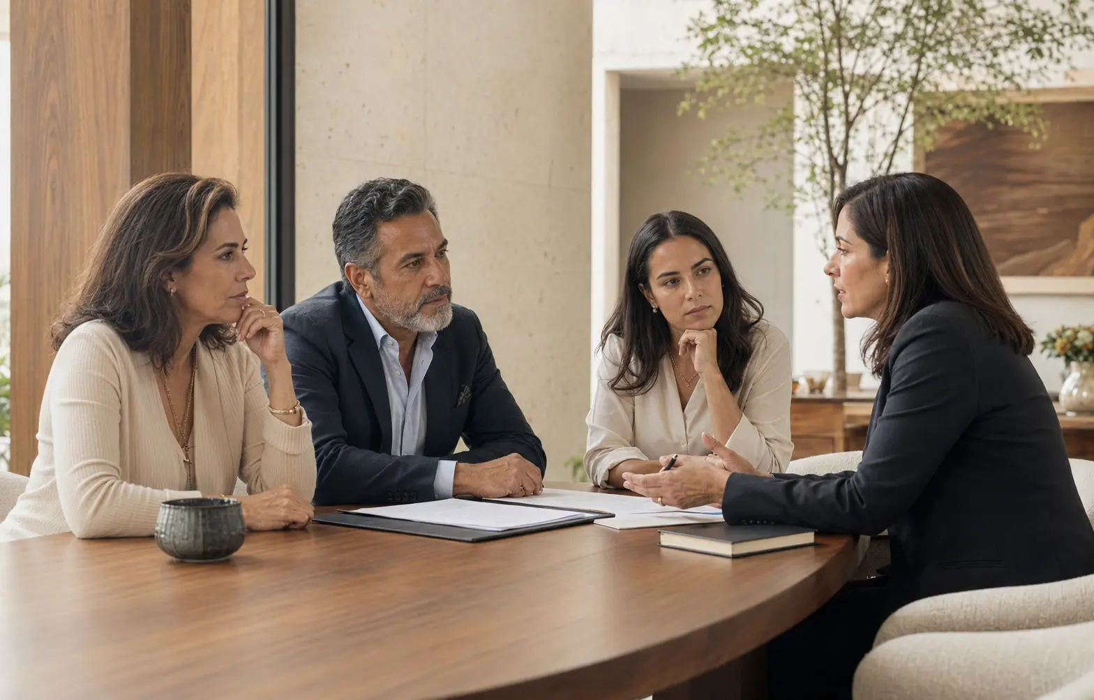 Representación conceptual de una familia reunida con una profesional en una oficina
