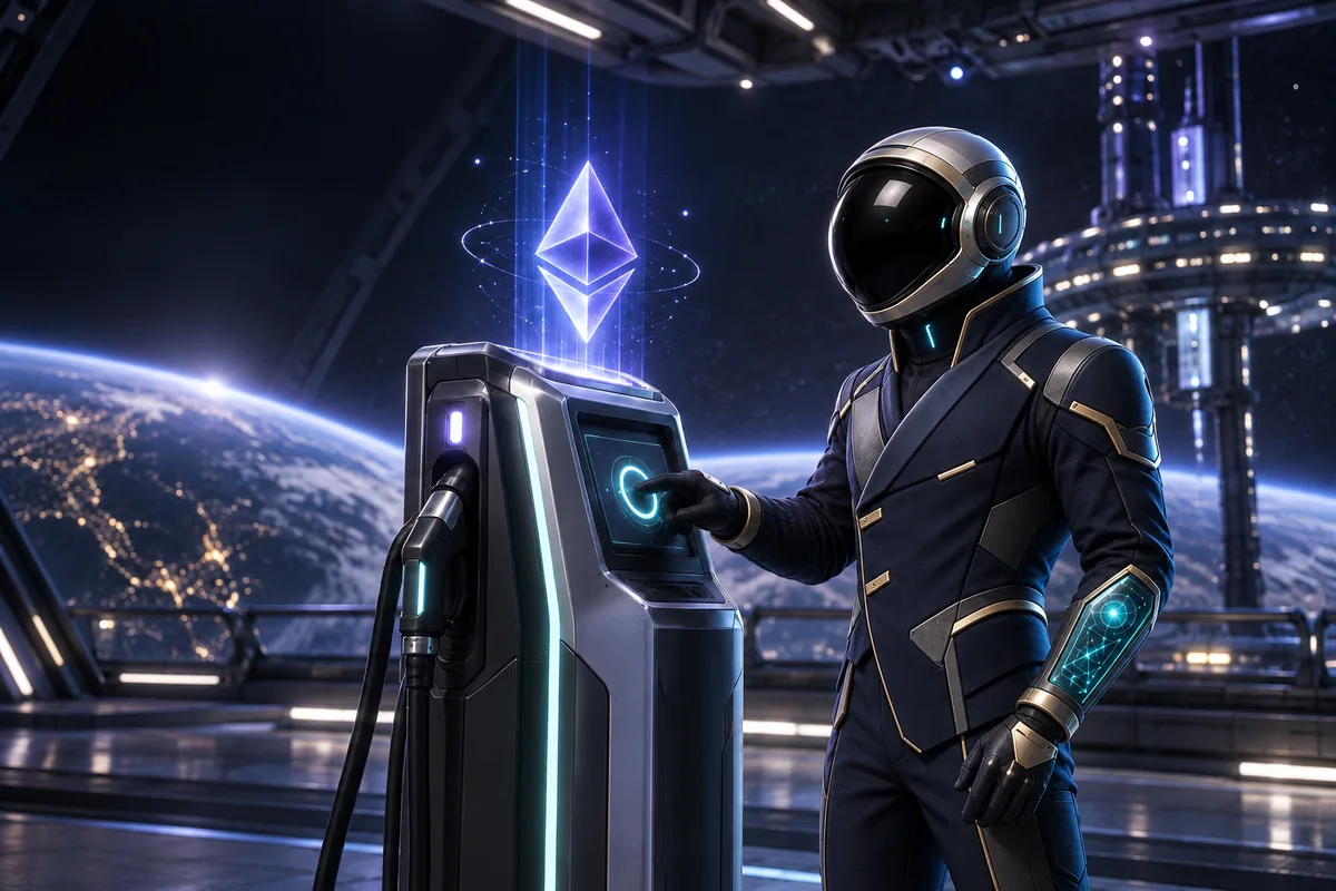 El astronauta de BitForward examina una gasolinera Ethereum en una estación orbital.