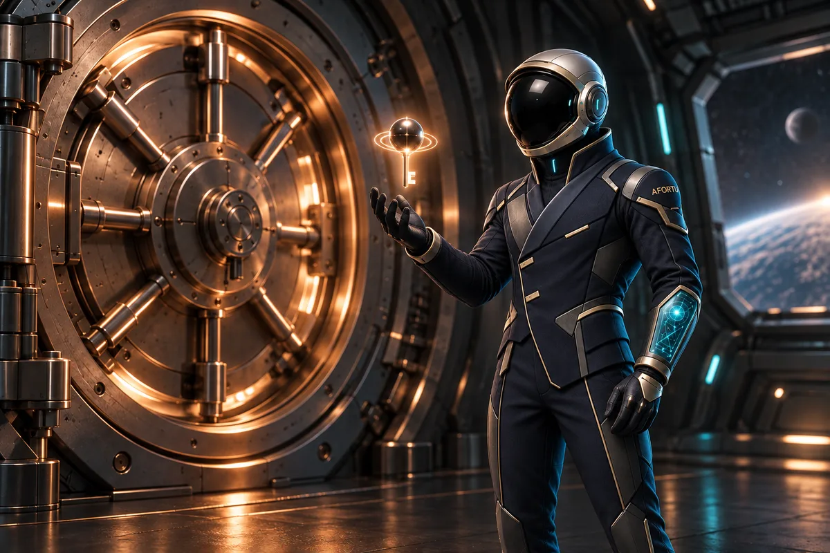 El astronauta de BitForward examina una llave frente a una bóveda.